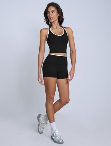 ABOCIW Workout Sets for Women 2 Piece Color Block V Neck Racerback Tank Top Built in Bra High Waist Shorts