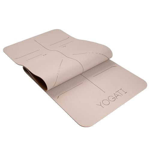 YOGATI® Yoga Mat with Strap with Alignment Lines. Home Workout Mat for Women, Men and Kids. Thick Non Slip Yoga Mat for Pilates and Fitness. Brown, Pink and Purple Yoga Mats