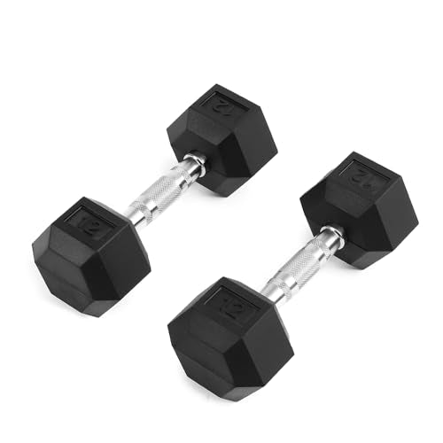 12LB Dumbbell Set (Pair), Rubber Coated Hex Dumbbells with Contoured Chrome Handle, Anti-Roll Free Weights for Home Gym Strength Training