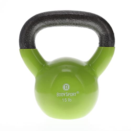 Body Sport Cast Iron Vinyl Coated Kettlebells, 15 lb., Light Green – Kettlebell for Weight Lifting – Strength Training Kettlebell – Professional Fitness for Gym & At Home