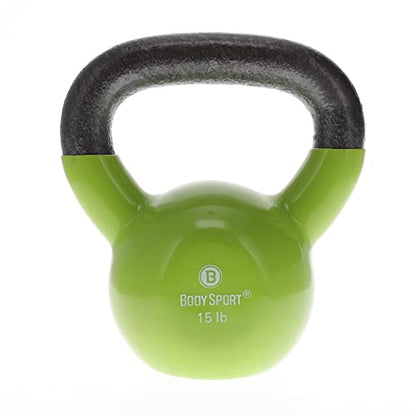 Body Sport Cast Iron Vinyl Coated Kettlebells, 15 lb., Light Green – Kettlebell for Weight Lifting – Strength Training Kettlebell – Professional Fitness for Gym & At Home