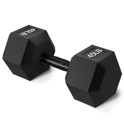 Fitvids Rubber Encased Exercise & Fitness Hex Dumbbell, Hand Weights with Anti-Slip Metal Handle for Home Gym, Multiple Sizes - style: 45LB Single