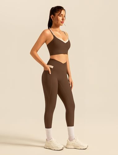 Double Layer Workout Sets for Women Color Block Yoga Gym Sets Cross Back Sports Bra Matching Crossover Leggings with Pockets