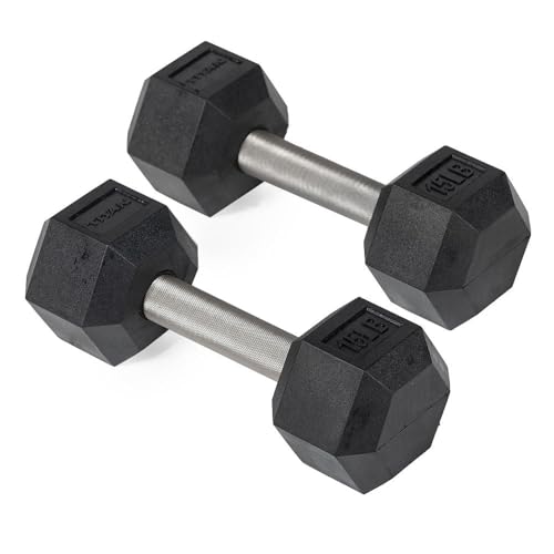 Titan Fitness Free Weights, Rubber Coated Hex Dumbbell, Straight Stainless Steel Handle, Strength Training, Full Body Workout - style: Fixed