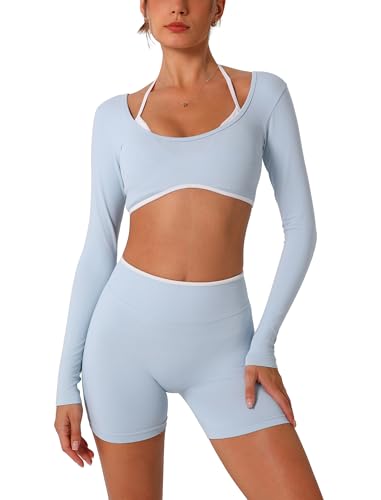 ABOCIW Workout Sets for Women 2 Piece Seamless Color Block Long Sleeve Crop Top Scrunch Butt High Waist Shorts Gym Set - color: Baby Blue, size: X-Small