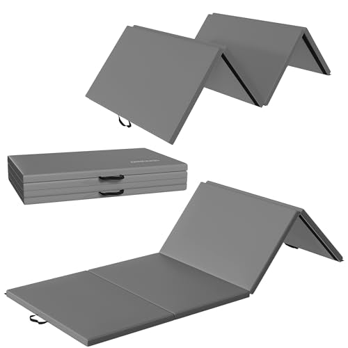 Signature Fitness 10ft x 4ft Four Fold Folding Exercise Mat with Carrying Handles for MMA, Gymnastics and Home Gym Protective Flooring, 2-inch Thick - color: Gray