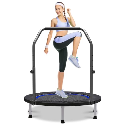 40"/48" Rebounder Trampoline for Adults Mini Trampoline for Adults and Kids Exercise Rebounder with Bar Fitness Trampoline Indoor Height Adjustable Max Load 330/440lbs - color: Blue-40in
