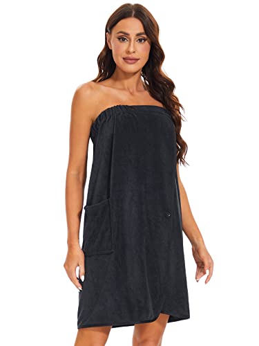 Knuffnee Women Bath Towel Robe Spa Body Wrap Shower Bathrobe Adjustable Snap Closure - color: Black, size: X-Large