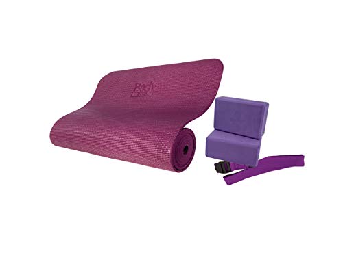 Body Sport 4-Piece Yoga Kit, (1) 72 in. x 1/4 in. Fitness Mat, (2) Purple Blocks, (1) 6 ft. Exercise Strap - Beginner Set for Home Fitness & Gym Workouts