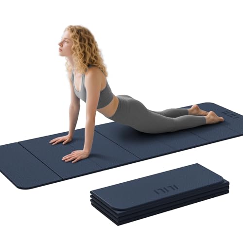 ILILI Foldable Yoga Mat 71 * 24 * 0.3'' - TPE Non-Slip Fitness Mat for Home，Waterproof & Lightweight (2lb) for Home Gym, Pilates & Stretching,Fitness Workouts - color: Dark Blue