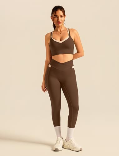 Double Layer Workout Sets for Women Color Block Yoga Gym Sets Cross Back Sports Bra Matching Crossover Leggings with Pockets