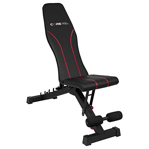 Adjustable Bench By Core Home Fitness, Foldable Weight Bench, Incline/Decline/Flat Bench, 7 Back Adjustments, Adjustable Seat, Black/Red (51MAB)