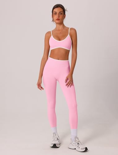 ABOCIW Womens 2 Piece Workout Sets Seamless Color Block Sports Bra Scrunch Butt Lifting High Waist Leggings Gym Set