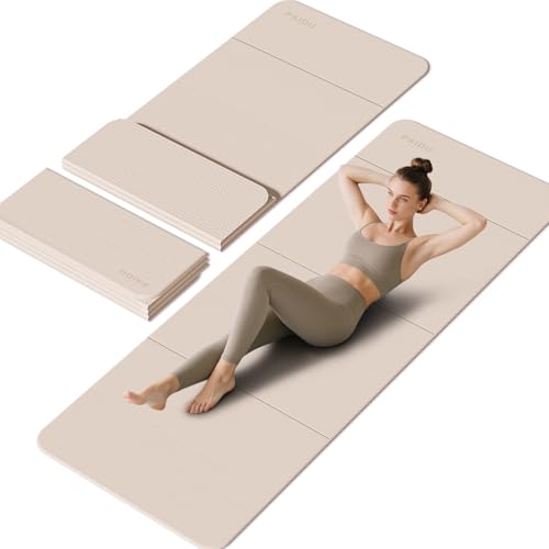 PAIDU Foldable Yoga Mat - 10mm Extra Thick, 75"26" Non-Slip Exercise Fitness Mat | SGS Eco-Certified, Portable for Yoga/Pilates/Studio/Home Workout - color: Beige