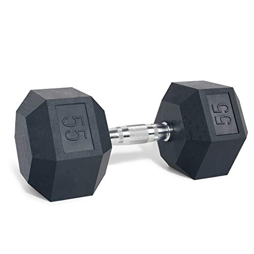 LIONSCOOL Odorless Rubber Encased Hex Dumbbells in Pairs or Single, Hand Dumbbell Weight with Metal Handle for Strength Training, Resistance Training, Build Muscle and Full Body Workout, 5-65lbs - style: 55LB SINGLE