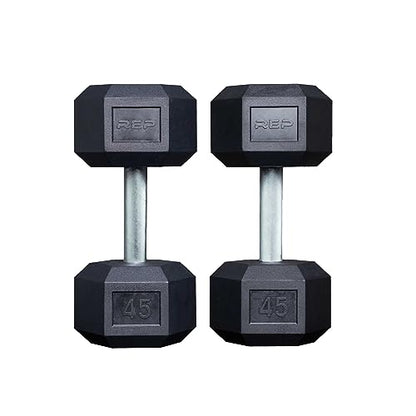 Rep Fitness Rubber Hex Dumbbell(s) - Singles (55LB +) and Pairs (5LB - 50LB) - Low Odor, Fully Knurled Handle - style: 45 LB Pair