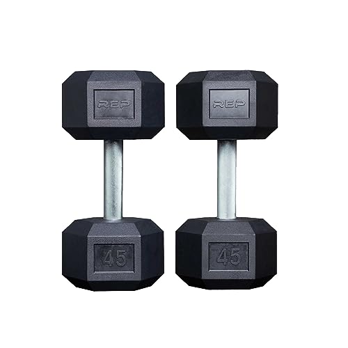 Rep Fitness Rubber Hex Dumbbell(s) - Singles (55LB +) and Pairs (5LB - 50LB) - Low Odor, Fully Knurled Handle - style: 45 LB Pair