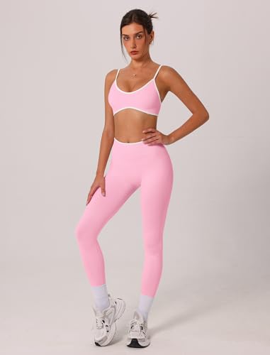 ABOCIW Womens 2 Piece Workout Sets Seamless Color Block Sports Bra Scrunch Butt Lifting High Waist Leggings Gym Set