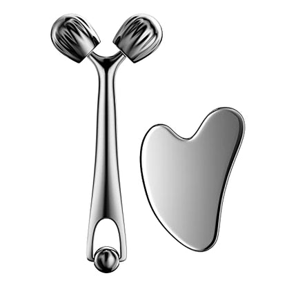 DANGSHAN Gua Sha Facial Tools & Face Roller Set, Face Massager, Lymphatic Drainage Massager, Face Sculpting Tool, Ice Roller for Face (Silver)