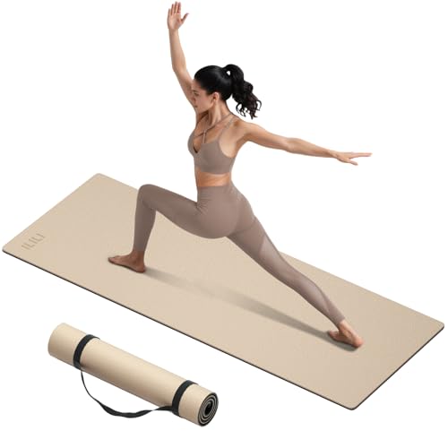 ILILI Extra Long Yoga Mat 10mm (76"x28") - Extra Thick TPE Non-Slip Exercise Mat, Eco-Friendly Double Color Workout Mat for Yoga/Pilates/Home Gym, with Carrying Strap - color: Beige+Black