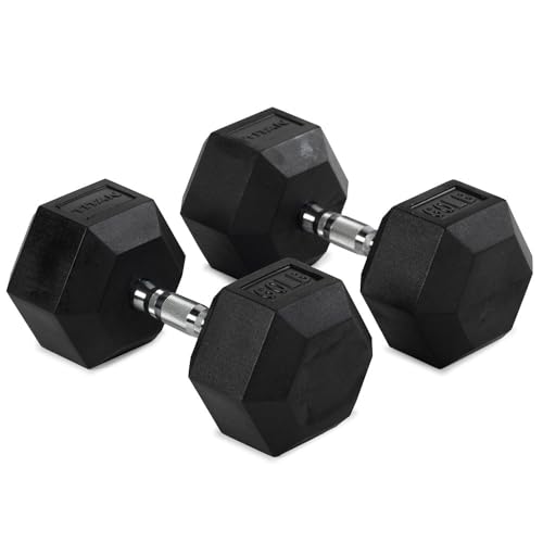 Titan Fitness Pair Rubber Coated Hex Dumbbells, Roll-Resistant Hexagonal Free Weights, Chrome-Coated Handles with Knurling, Strength Training Equipment - style: 60 lb, Pair