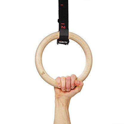 VIA Fortis® Premium Wooden Gym Rings with Straps, Bag & Workout Guide - Gym Rings for Calisthenics & Crossfit in Competition Design - Extra Wide Straps with Markings