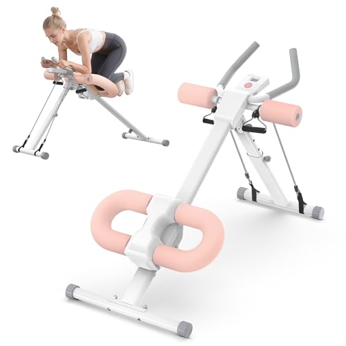 Ab Machine, Ab Workout Equipment, Adjustable Core & Ab Trainer Machine with Resistance Bands for Home Gym, Foldable, Knee Protection, Abdominal Exercise Equipment for Stomach Workout (Pink)