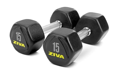 ZIVA Premium Hex Dumbbells – Commercial Grade Rubber Urethane Coated Free Weights for Strength Training, Weightlifting, Home Gym – Durable Steel Core – Sold in Pairs and Sets - style: f) 15lb BK