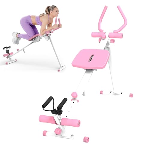 Ab Workout Equipment Abs Trainer, 4 in 1 Workout Machine with Ab Slider Roman Chair Rowing Leg Press, All in One Fitness Equipment for Home Gym Training - color: Pink