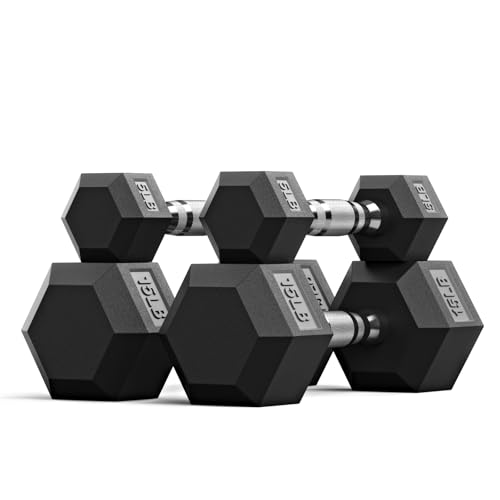Rubber Encased Hex Dumbbell, Hand Weights with Anti-Slip Cast Iron Grip for Exercise & Fitness, Weights Dumbbells Set of 2 for Strength Training - style: 40 LB SET(5x2, 15x2)