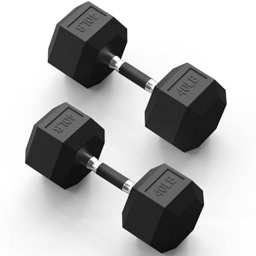 PAPABABE Hex Dumbbell Set with Rubber Grip 2.5-125lb, Odorless Rubber Coated Weight Fixed Dumbbells Set of 2/Single, Weights for Women at Home, Hand Weights for Home Gym & Strength Training,Pesas Para Ejercicios - size: 40 lb, Pair, style: Rubber Grip