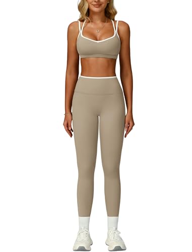 QBGJTD Womens Workout Set Two Piece Spaghetti Straps Color Block Sports Bra Matching High Waist Leggings Gym Work Out Outfits - color: Khaki, size: Large