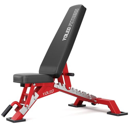 YOLEO Commercial Adjustable Weight Bench 2315LB ASTM Certified – 80% Pre-Assembled Heavy Duty Workout Bench for Home Gym, Decline/Flat/Incline Bench Press, 2.4" Thick Pad & 2 Wheels - color: Red
