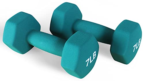 Fitvids Neoprene Dumbbell Hand Weights, Anti-Slip, Anti-roll, Hex Shape Colorful, Pair or Set with Stand - style: (7-Pound, Pair)