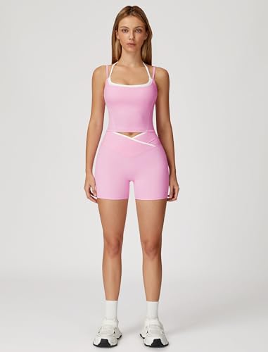 ABOCIW Workout Sets for Women 2 Piece Color Block Layered Cropped Tank Top Crossover High Waist Biker Shorts Gym Sets