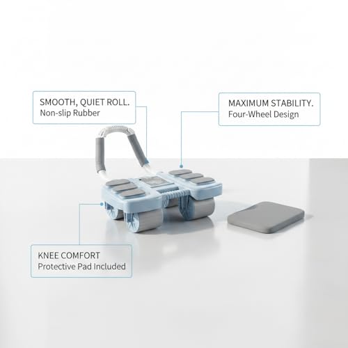 Four Wheel Ab Roller with Knee Pad, Stable Motion Trainer for Home Use, Non-Slip Rubber Wheels