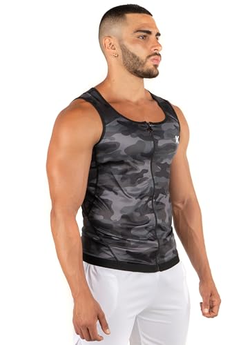 Kewlioo Men's Heat Trapping Zipper Sweat Enhancing Vest - Sauna Suit Shirt Compression Vest Shapewear Top for Gym Exercise - color: Gray Camo, size: Large-X-Large