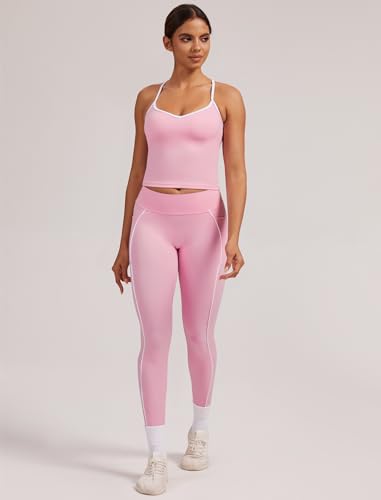 Women 2 Piece Workout Sets Cross Back Color Block Tank Tops Tummy Control Active Leggings Yoga Outfits with Pockets