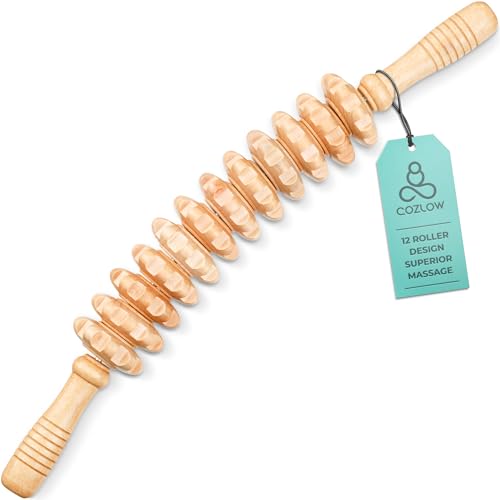 Wooden Massage Roller Stick (12 Rollers) - Curved Wood Therapy Massage Tool for Body Sculpting, Fascia Release & Lymphatic Drainage - Maderotherapy Helps Reduce Cellulite Appearance