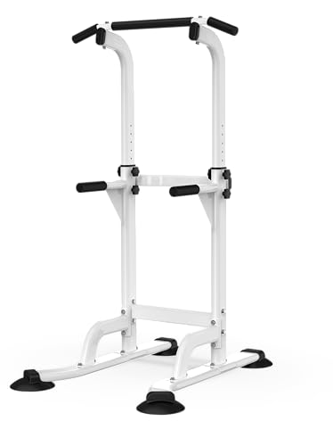 Power Tower Pull Up Bar and Dip Station, Multi-Function Home Gym, Strength Training Fitness Equipment, Height Adjustable - color: White
