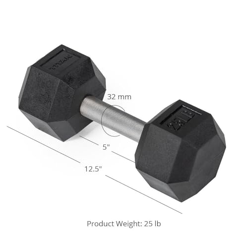 Titan Fitness 25 LB Pair Free Weights, Black Rubber Coated Hex Dumbbell, Straight Stainless Steel Handle, Strength Training, Full Body Workout