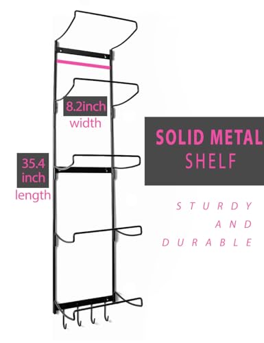 5-Tiers Yoga Mat Holder Wall Mount, Metal Storage Rack for Mats/Wheels, Foam Roller and Block, Wall Rack with 3-Hooks for Hanging Stretching Strap, Resistance Bands, Yoga Accessories