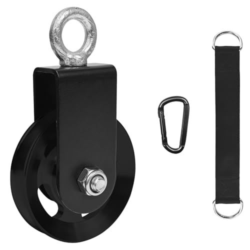 LFJ Aluminum Alloy Cable Pulley with Swing Strap Carabiner, 90mm Pulley Wheel for LAT Pulley System DIY Pull Down Attachment,Ladder Lift,Home Gym Equipment - color: Black