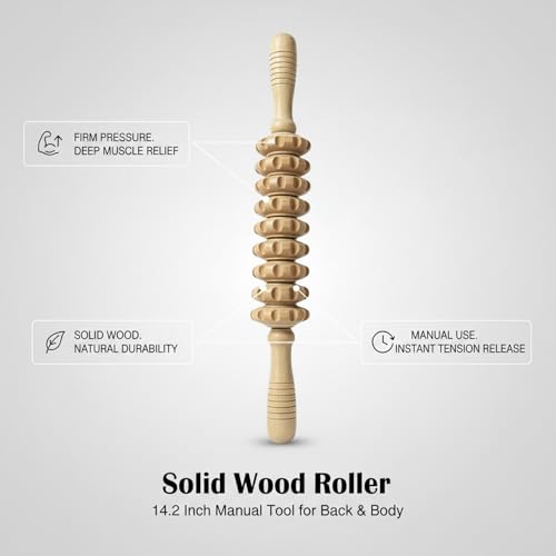 14.2 Inch Solid Wood Roller, Manual Stick for Home Gym, Ergonomic Firm Pressure Tool (1 Pack)