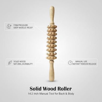 14.2 Inch Solid Wood Roller, Manual Stick for Home Gym, Ergonomic Firm Pressure Tool (1 Pack)