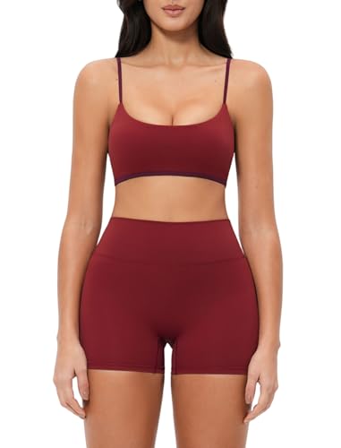 Women 2 Piece Workout Set Color Block Adjustable Spaghetti Strap Sports Bra Tummy Control Active Shorts Yoga Outfits - color: Burgundy, size: Small