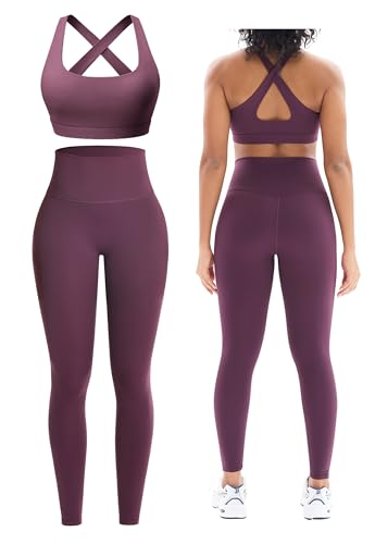 Workout Sets for Women 2 Piece Seamless High-Waisted Leggings & Cross Back Padded Sports Bra for Yoga Pilates - color: Purple, size: X-Large