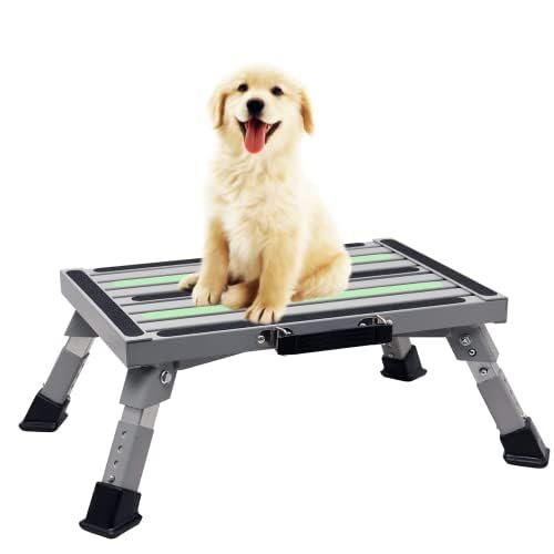 Iron RV Steps, 4-Level Adjustable Folding Step Stool with Non-Slip Rubber Feet, Non-Slip Fluorescent Strip Platform Rv Accessories, Supports Up to 1000 lbs - Gray