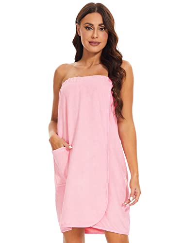 Knuffnee Women Bath Towel Robe Spa Body Wrap Shower Bathrobe Adjustable Snap Closure - color: Pink, size: X-Large