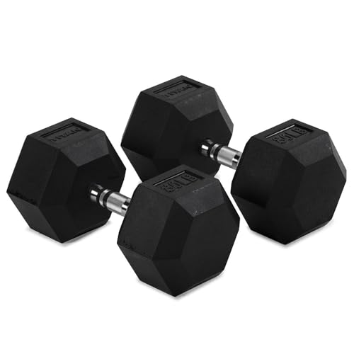 Titan Fitness Pair Rubber Coated Hex Dumbbells, Roll-Resistant Hexagonal Free Weights, Chrome-Coated Handles with Knurling, Strength Training Equipment - style: 80 lb, Pair